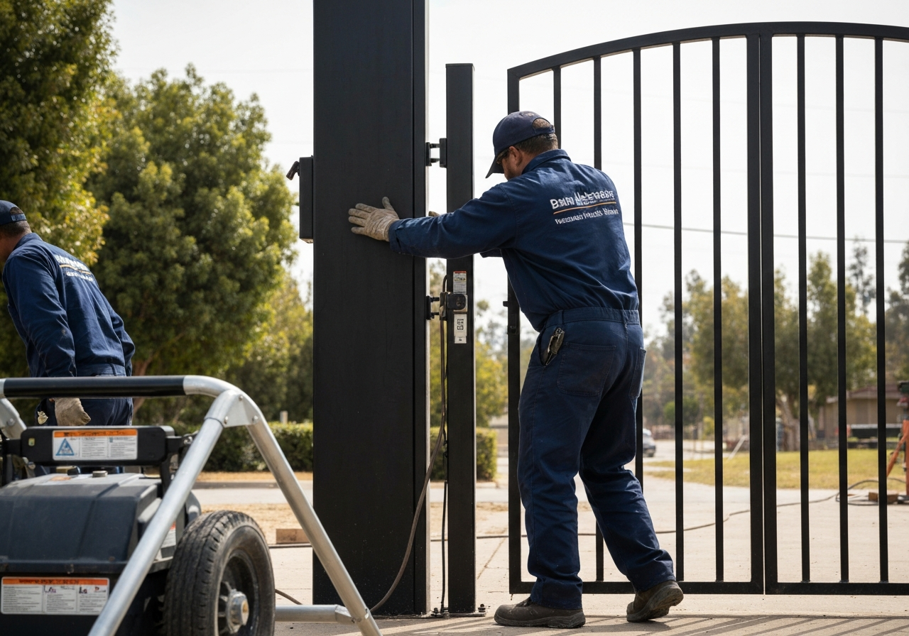 Worker installs gate opener on black metal gate